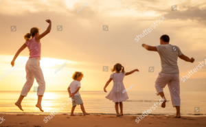Family on Beach at Sunset